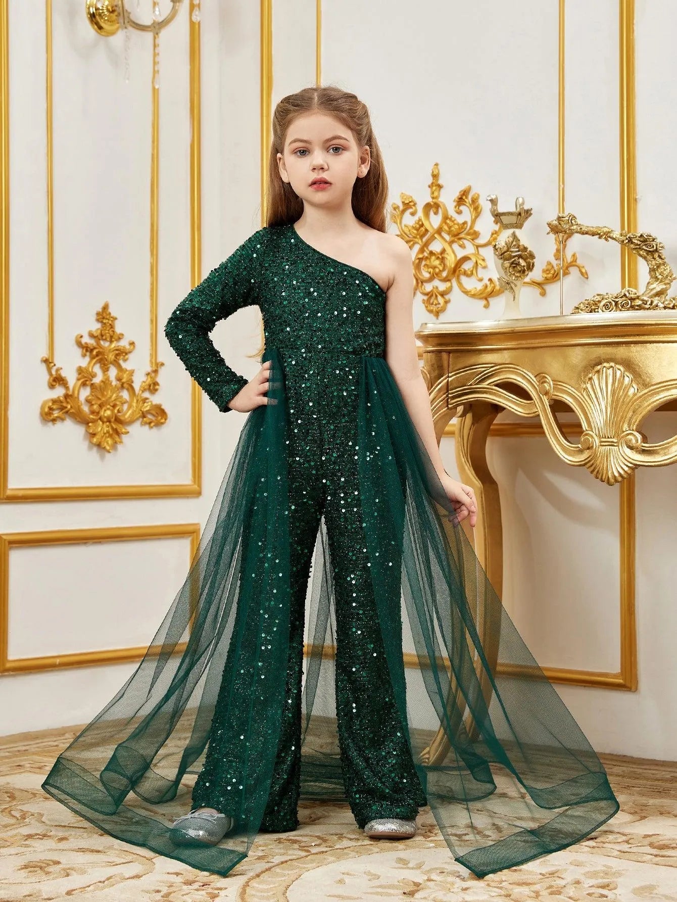 Tween Girls' One-Shoulder Sequin Long-Sleeve Jumpsuit — authorized product image 3