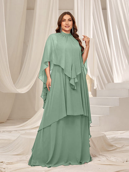 Plus Mock Neck Layered Hem Chiffon Evening Dress