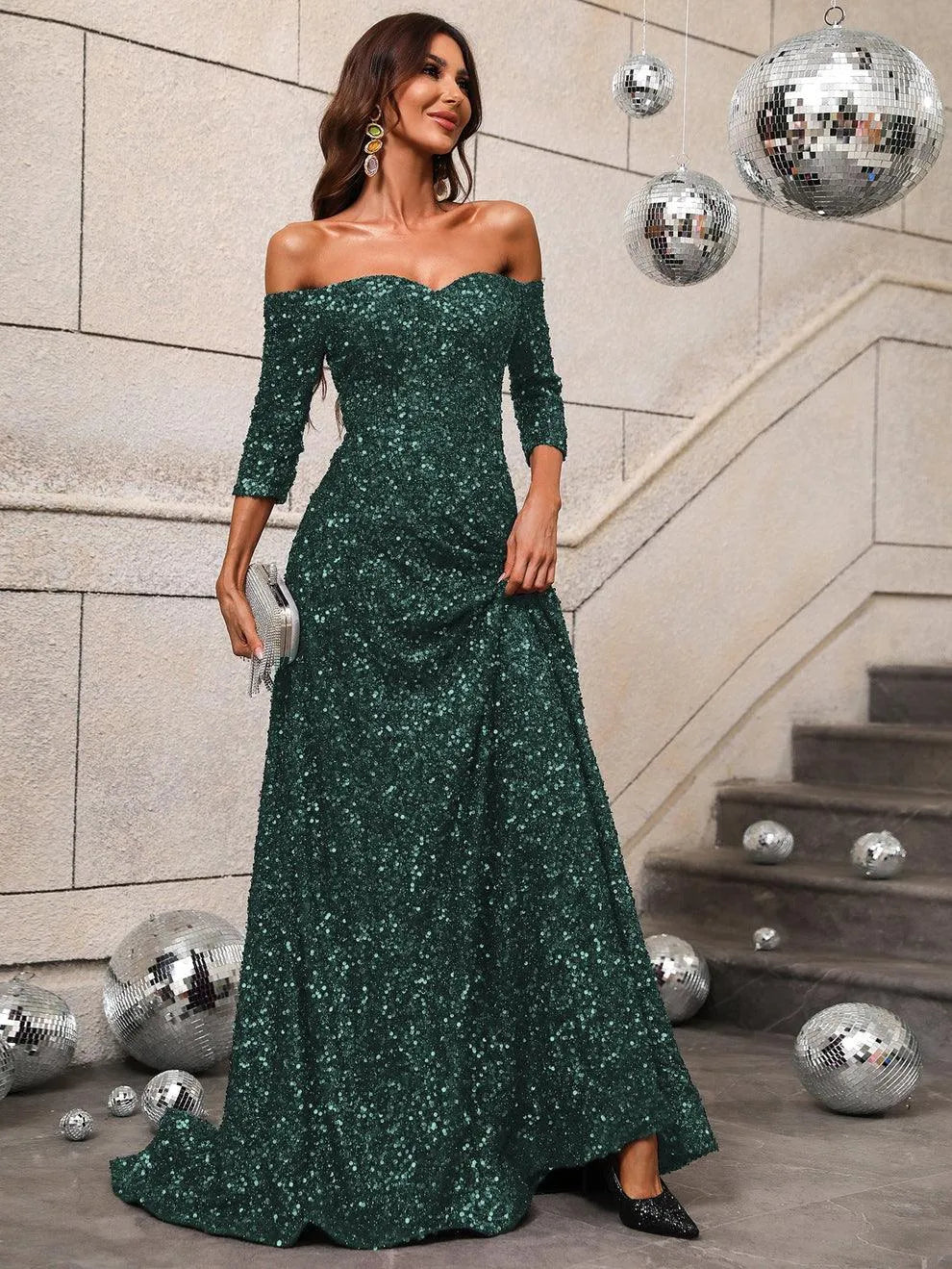 Off Shoulder 3/4 Sleeve Sequin A Line Dress