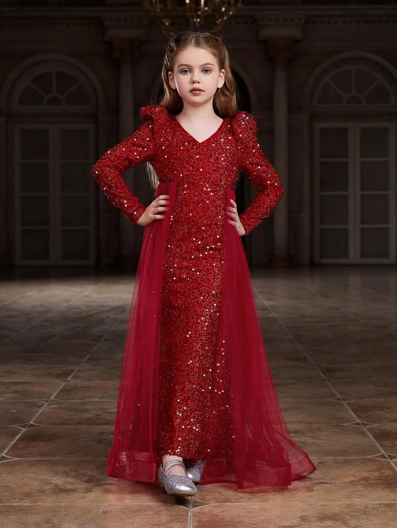 Additional product view of Mesh Overlay V-Neck Sequin Mermaid Long-Sleeve Tween Girls' Party Dress