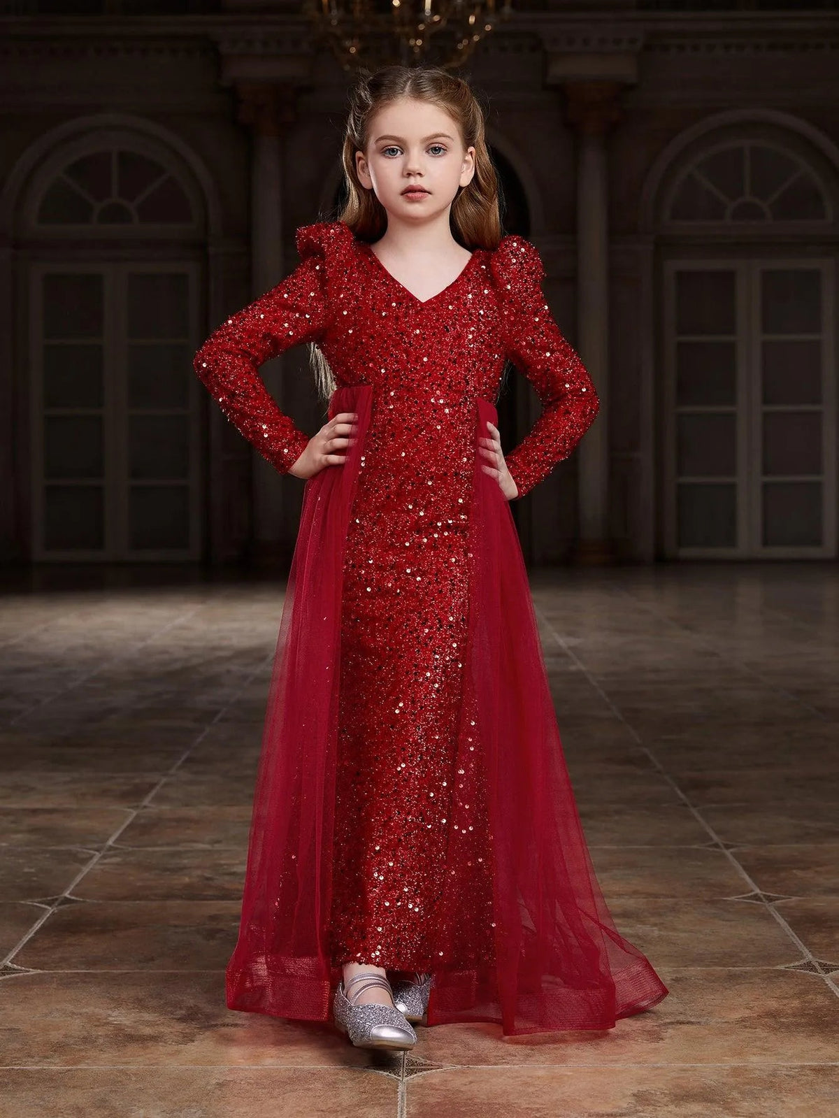 Additional product view of Mesh Overlay V-Neck Sequin Mermaid Long-Sleeve Tween Girls' Party Dress