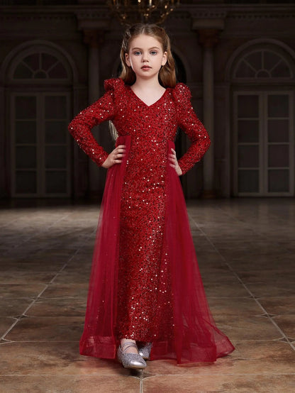 Additional product view of Mesh Overlay V-Neck Sequin Mermaid Long-Sleeve Tween Girls' Party Dress