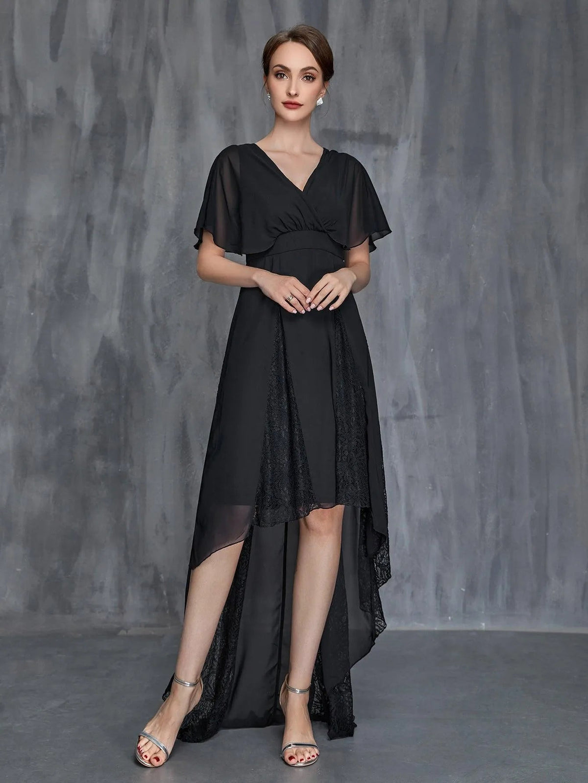Mother-of-the-Bride V-Neck Chiffon Short-Sleeve A-Line Evening Gown — authorized product image 3
