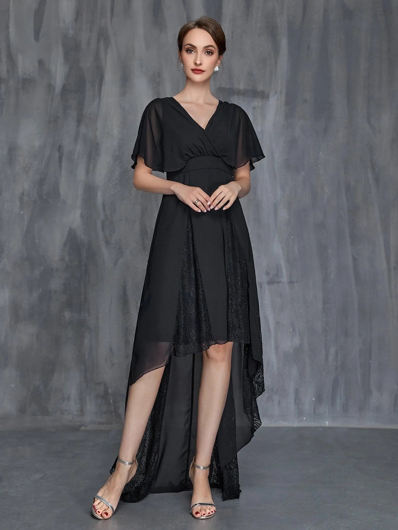 Mother-of-the-Bride V-Neck Chiffon Short-Sleeve A-Line Evening Gown — authorized product image 3