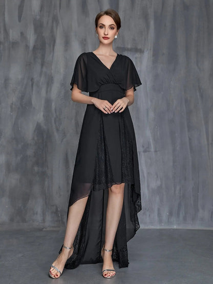 Mother-of-the-Bride V-Neck Chiffon Short-Sleeve A-Line Evening Gown — authorized product image 3
