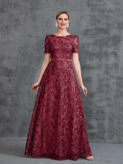 Alternate view of Short-Sleeve A-Line Sequin Maxi Mother-of-the-Bride Dress in Burgundy