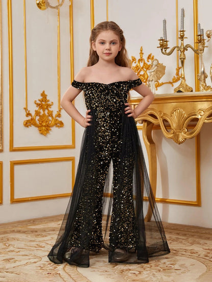 Mesh Overlay Off-Shoulder Sequin Short-Sleeve Tween Girls' Party Jumpsuit in Black/Gold