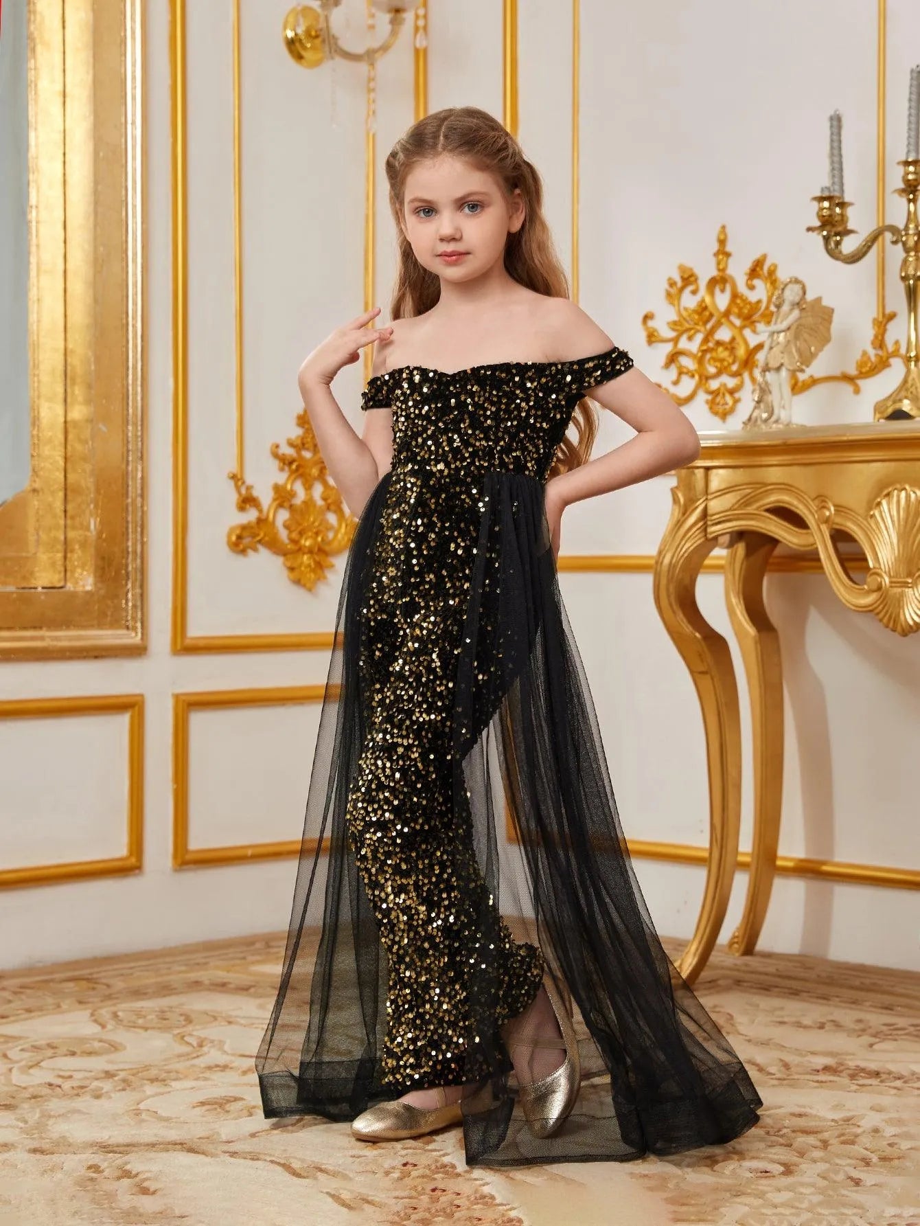 Additional product view of Mesh Overlay Off-Shoulder Sequin Short-Sleeve Tween Girls' Party Jumpsuit