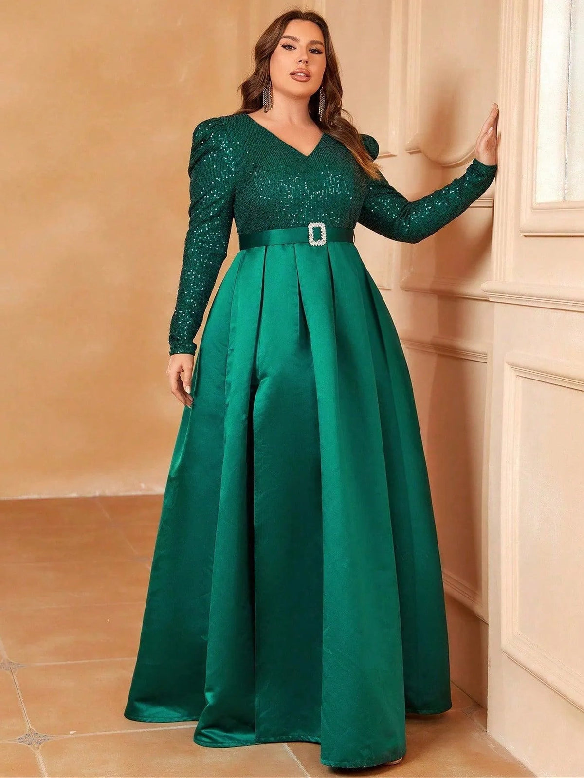 Plus-Size V-Neck Gigot Sleeve Slit A-Line Prom Dress — authorized product image 6