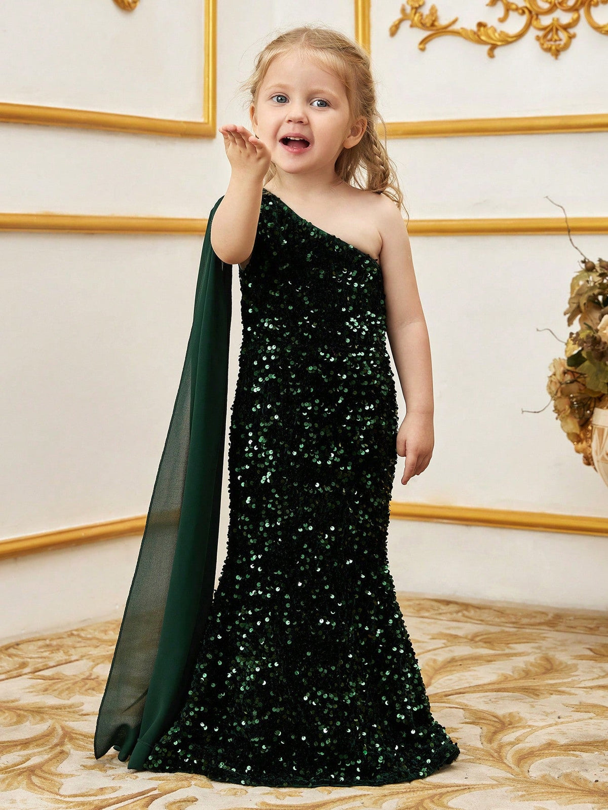Draped Side One-Shoulder Sequin Mermaid Sleeveless Young Girls' Party Dress in Dark Green