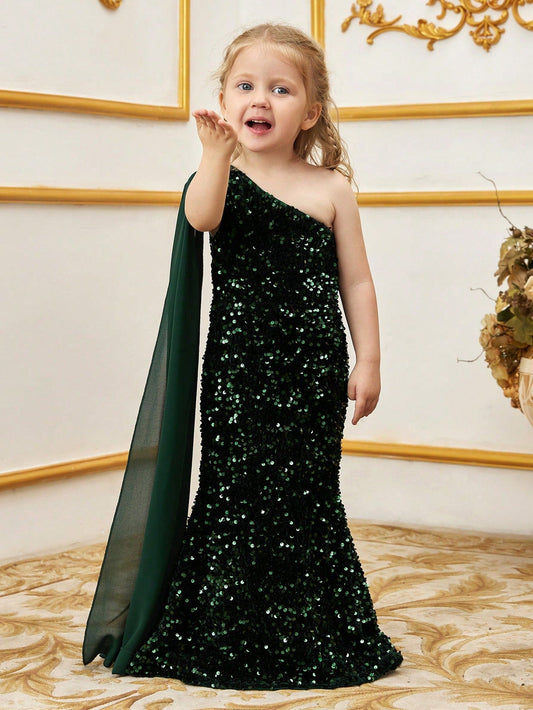 Draped Side One-Shoulder Sequin Mermaid Sleeveless Young Girls' Party Dress in Dark Green