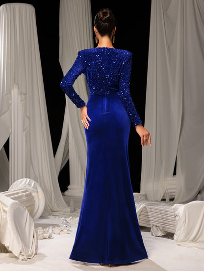 Additional product view of V-Neck Velvet Sequin Mermaid Long-Sleeve Evening Gown