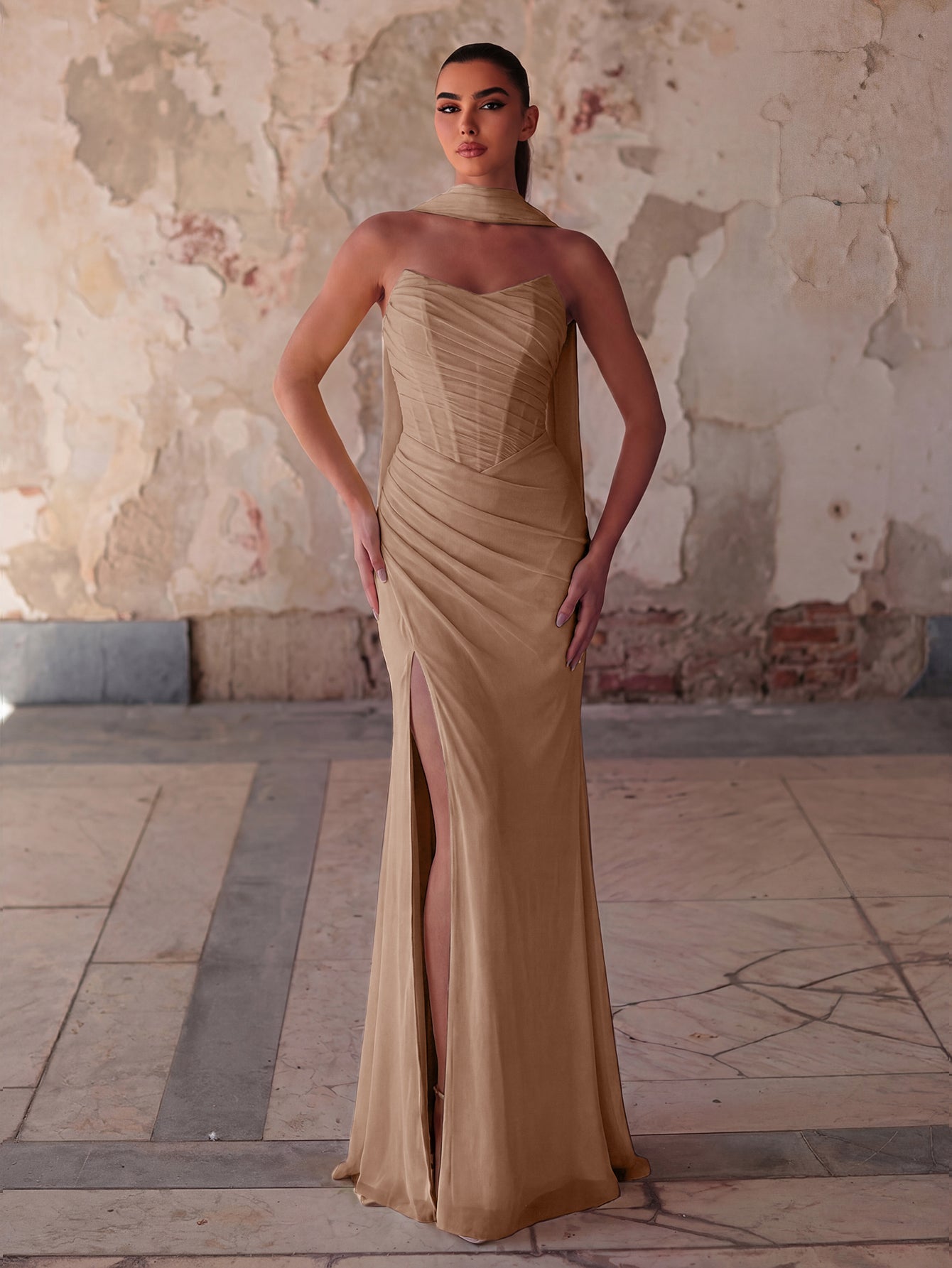 Additional product view of Lace-Up Back Strapless High-Slit Mermaid Sleeveless Evening Gown