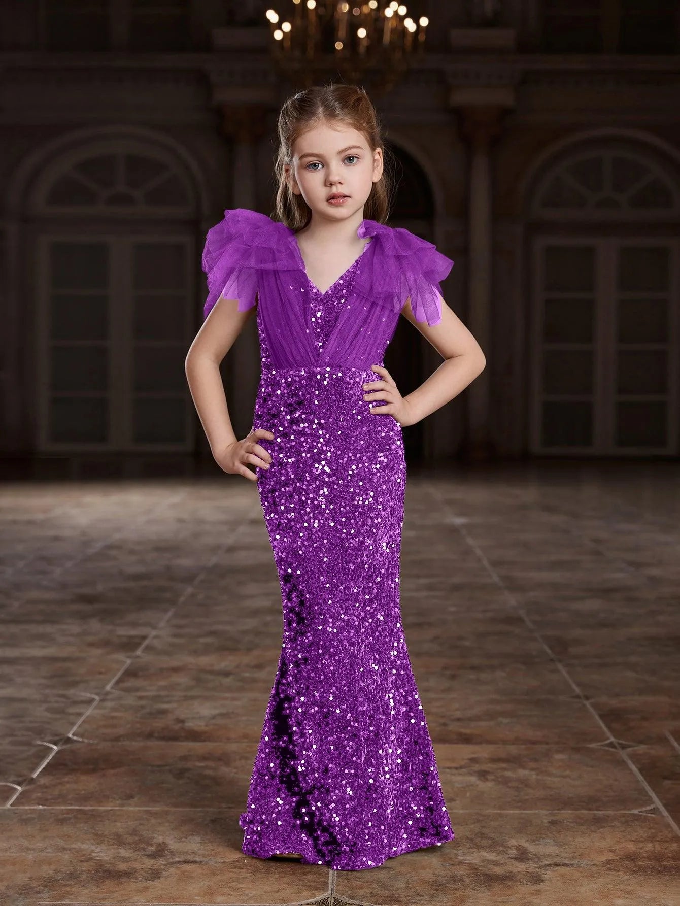 Alternate view of Cloak-Sleeve Mermaid Hem V-Neck Sequin Maxi Tween Girls' Party Dress in Violet