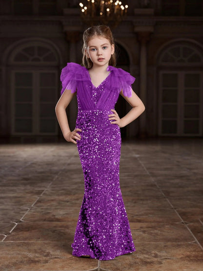Alternate view of Cloak-Sleeve Mermaid Hem V-Neck Sequin Maxi Tween Girls' Party Dress in Violet