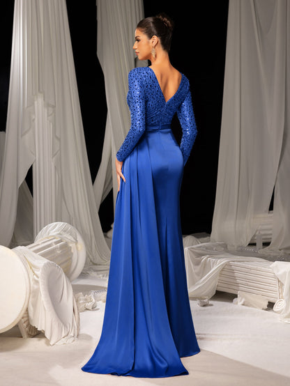 Elegant Satin Evening Gown with High Side Slit & Beaded Sequin Sleeves – Luxurious for Art Gallery Openings or Luxury Charity Galas, XS-XL