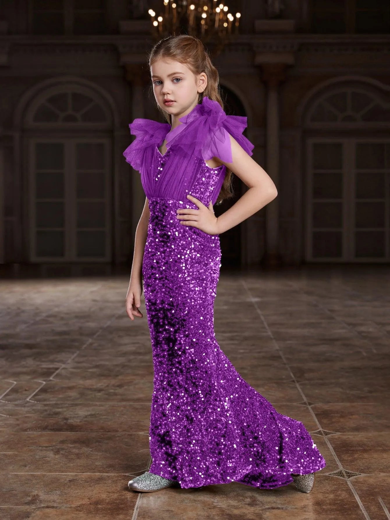 Additional product view of Cloak-Sleeve Mermaid Hem V-Neck Sequin Maxi Tween Girls' Party Dress
