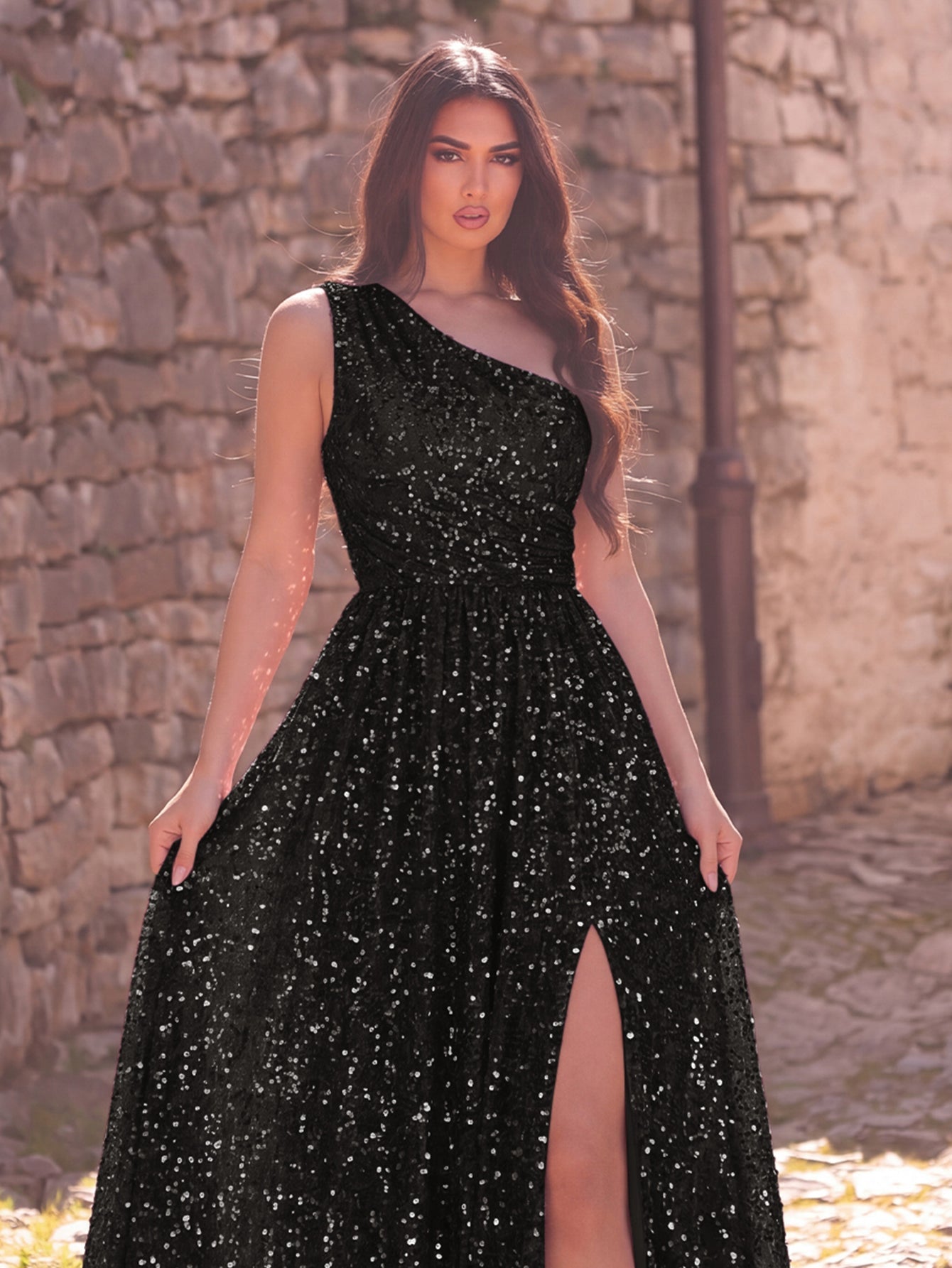 Elegant One Shoulder Sleeveless Sequin A Line Dresses
