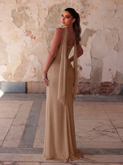 Additional product view of Lace-Up Back Strapless High-Slit Mermaid Sleeveless Evening Gown