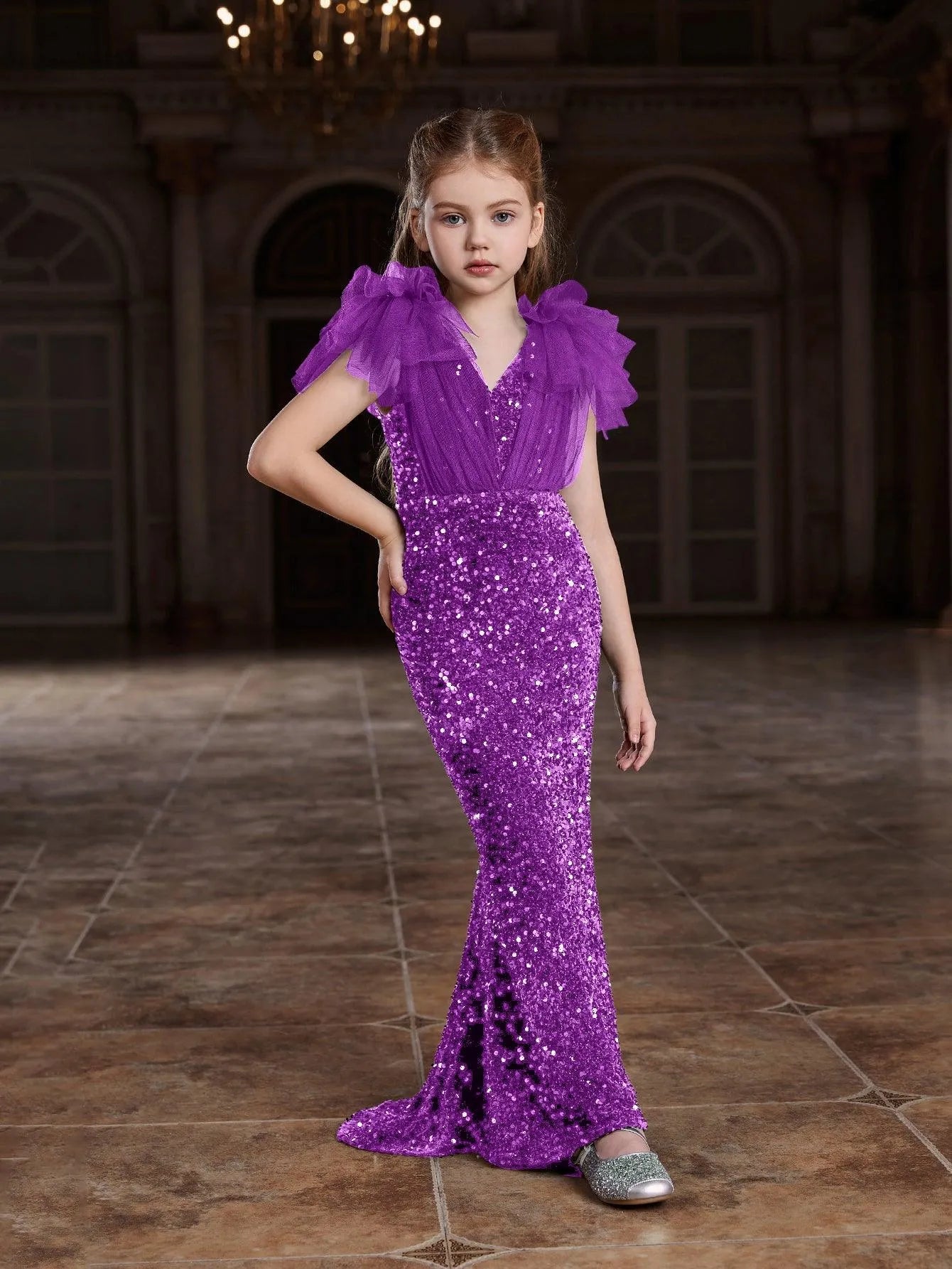 Additional product view of Cloak-Sleeve Mermaid Hem V-Neck Sequin Maxi Tween Girls' Party Dress