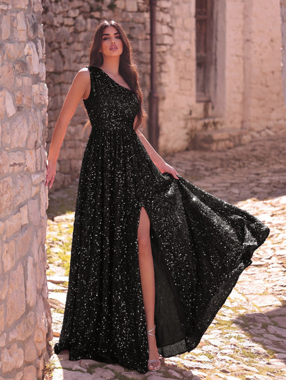 Elegant One Shoulder Sleeveless Sequin A Line Dresses