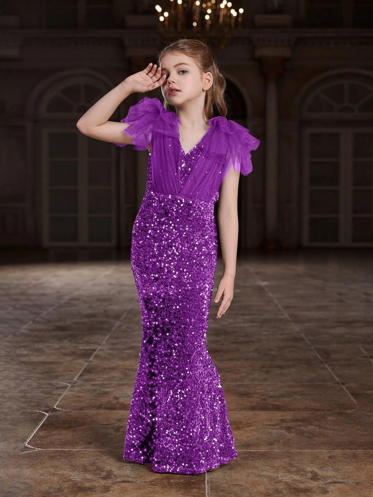 Additional product view of Cloak-Sleeve Mermaid Hem V-Neck Sequin Maxi Tween Girls' Party Dress