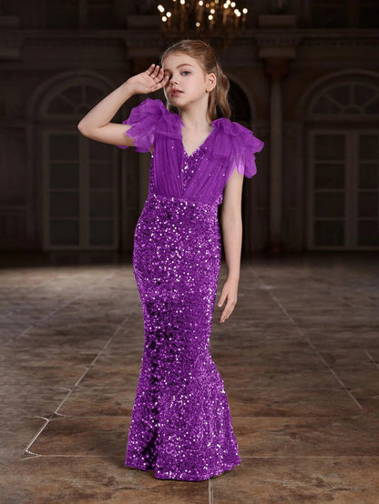 Additional product view of Cloak-Sleeve Mermaid Hem V-Neck Sequin Maxi Tween Girls' Party Dress