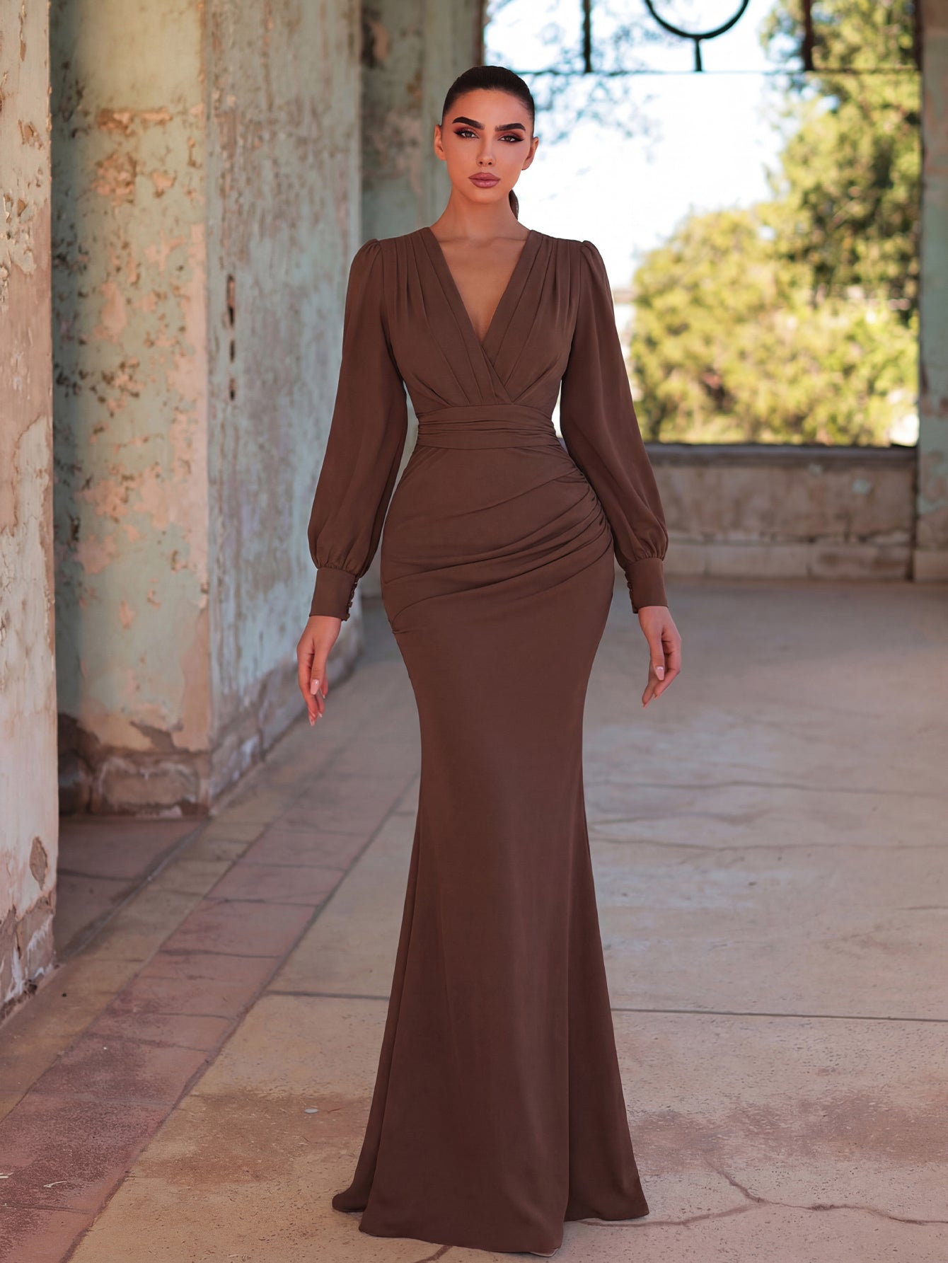 Additional product view of Surplice-Neck V-Neck Chiffon Mermaid Long-Sleeve Evening Gown