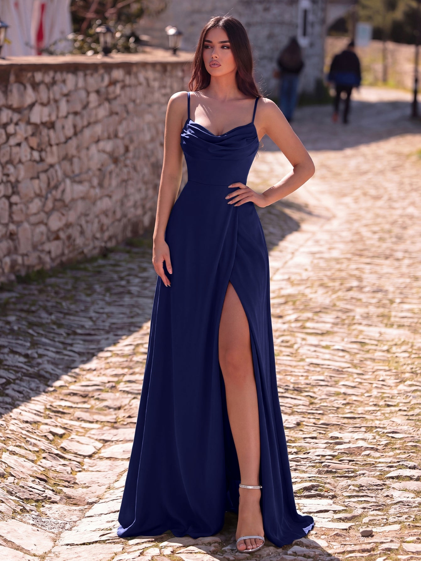 Cowl Neck High Slit Sleeveless A-Line Evening Gown
