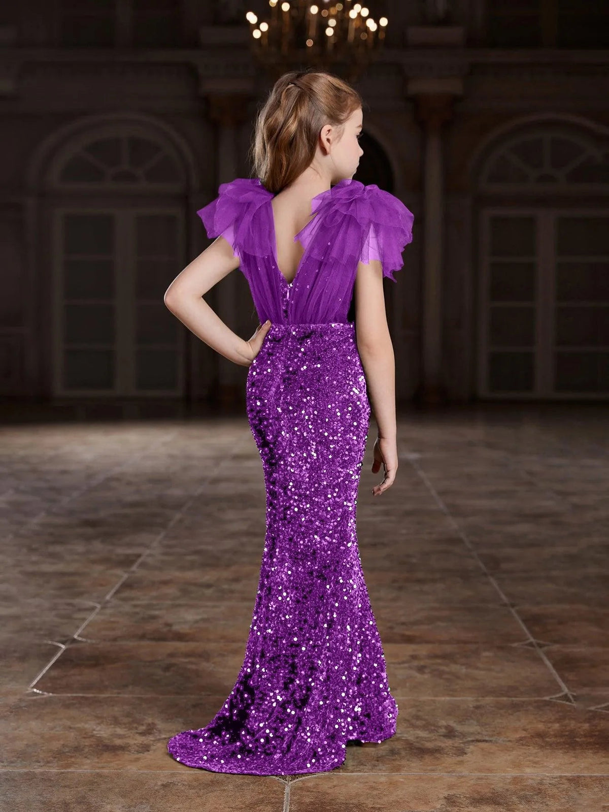 Additional product view of Cloak-Sleeve Mermaid Hem V-Neck Sequin Maxi Tween Girls' Party Dress