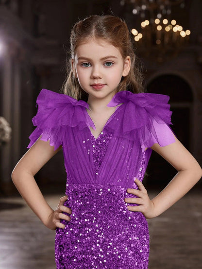 Additional product view of Cloak-Sleeve Mermaid Hem V-Neck Sequin Maxi Tween Girls' Party Dress