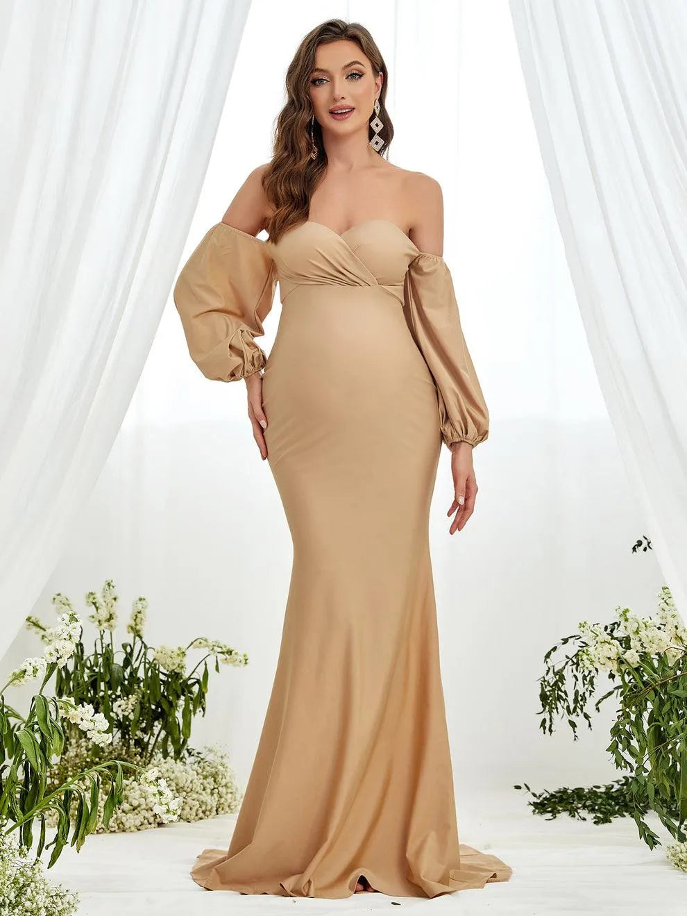 Additional product view of Off-Shoulder Knit Mermaid Long-Sleeve Maxi Maternity Evening Dress