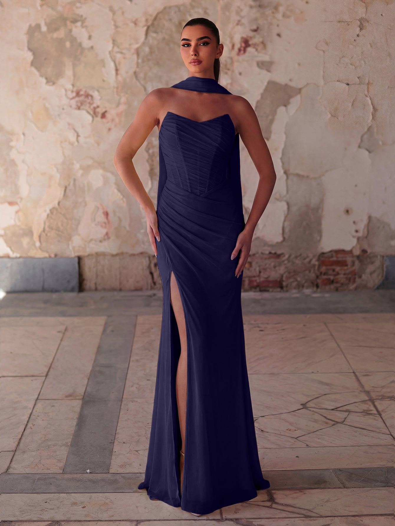 Alternate view of Lace-Up Back Strapless High-Slit Mermaid Sleeveless Evening Gown in Navy Blue