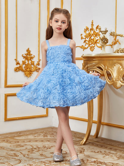 Floral Appliqué Cami Strap A-Line Sleeveless Mesh Tween Girls' Party Dress in Blue