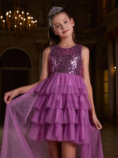 Additional product view of Layered Hem Sequin A-Line Sleeveless Mesh Round Neck Tween Girls' Party Dress