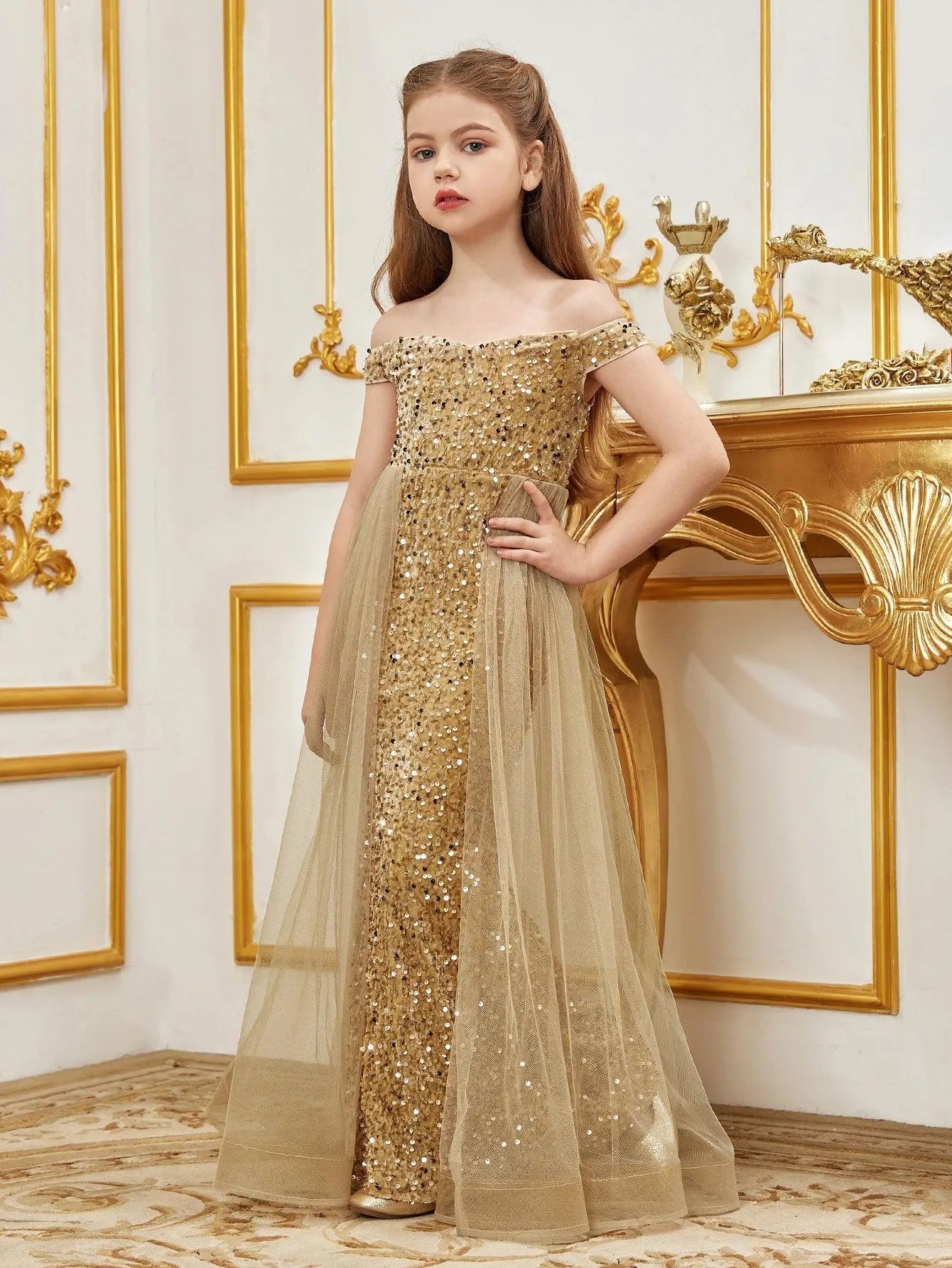 Additional product view of Mesh Overlay Off-Shoulder Sequin Mermaid Short-Sleeve Maxi Tween Girls' Party Dress