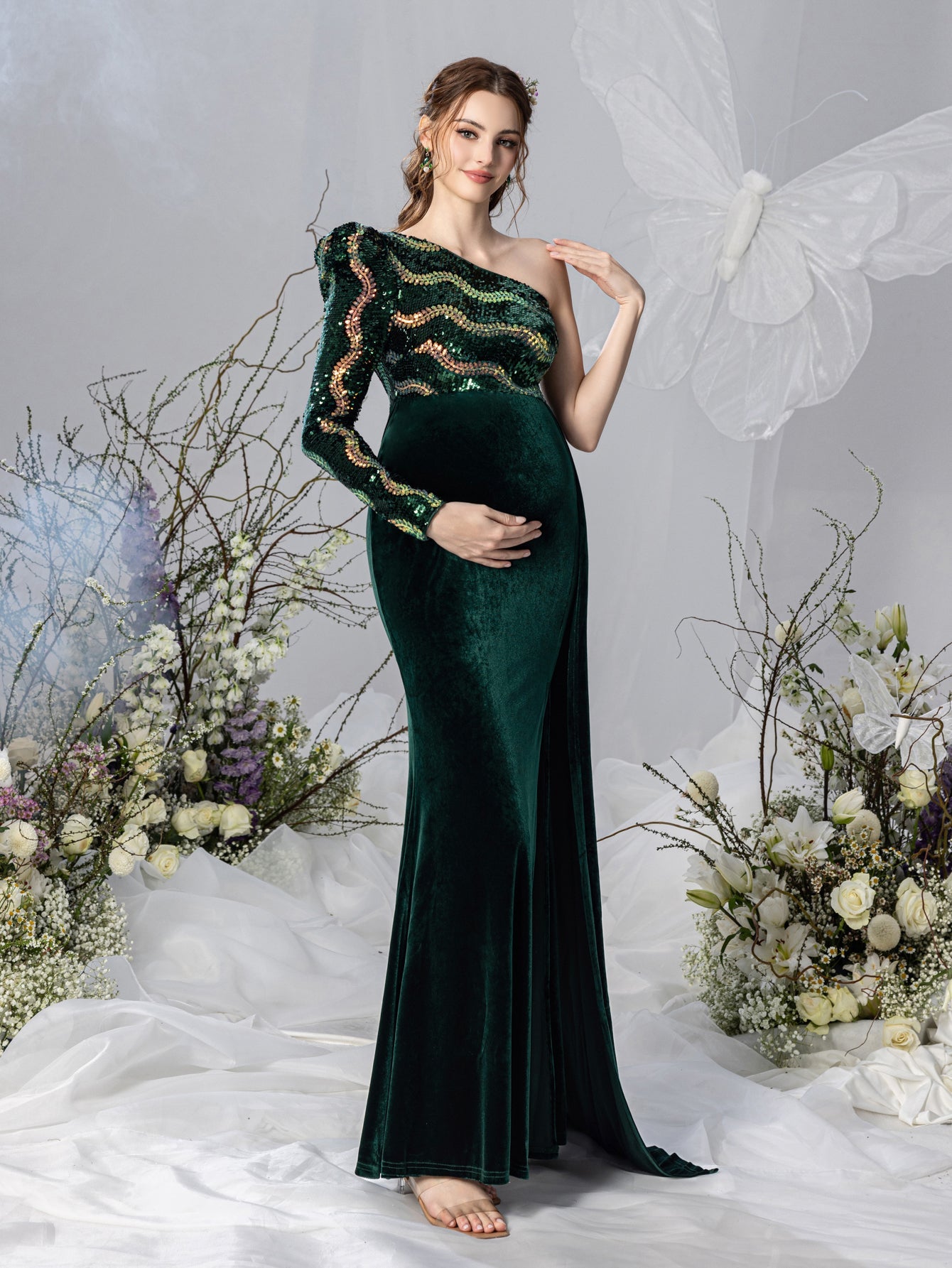 Maternity One-Shoulder Sequin Velvet Long-Sleeve Mermaid Evening Gown — authorized product image 5