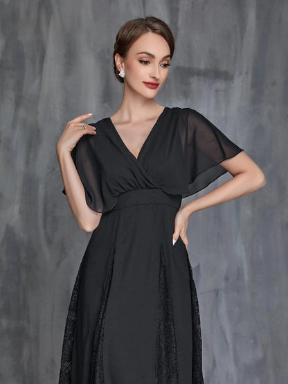 Mother-of-the-Bride V-Neck Chiffon Short-Sleeve A-Line Evening Gown — authorized product image 6