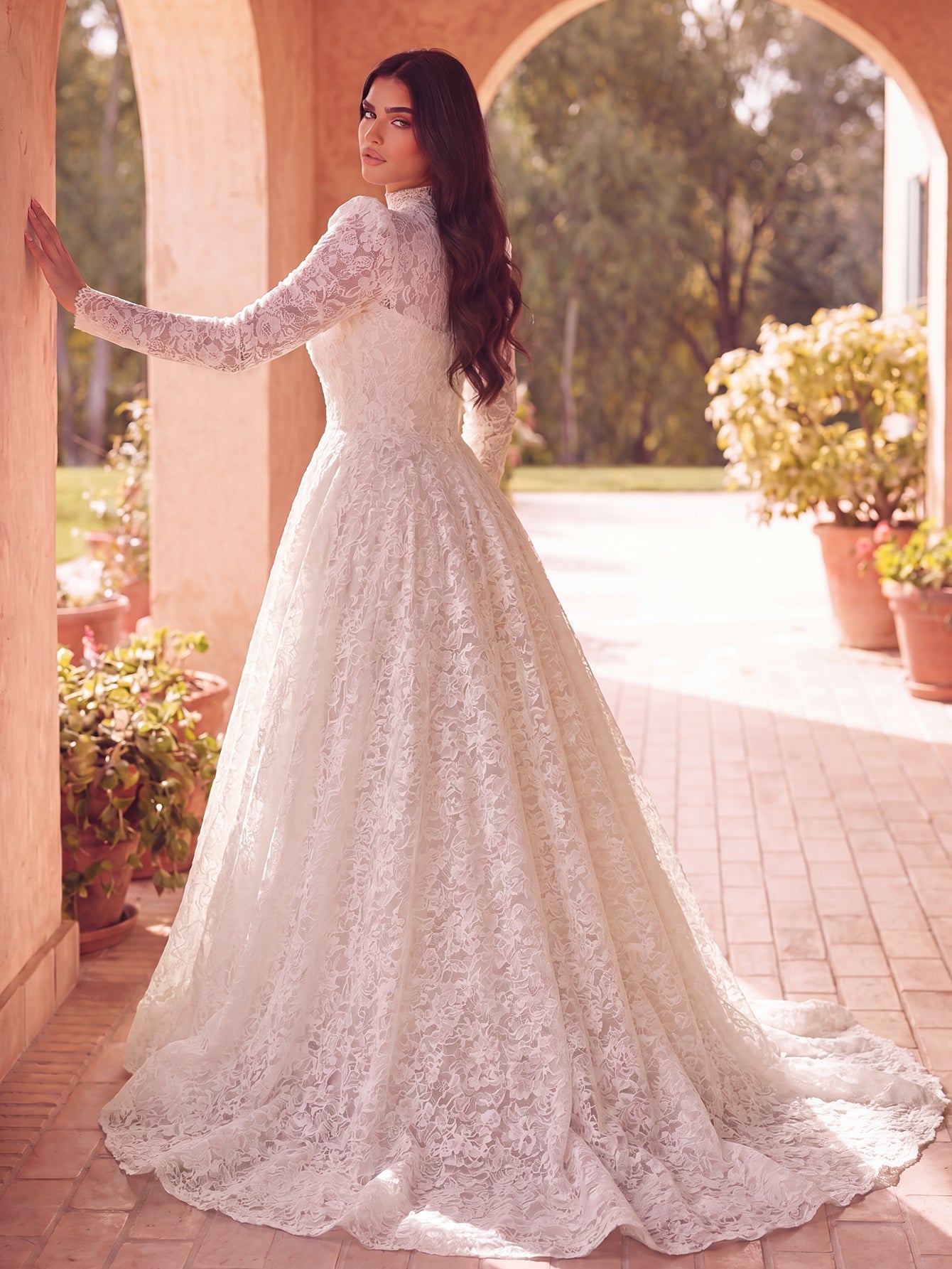 Plus-size white lace wedding dress, full A-line skirt view