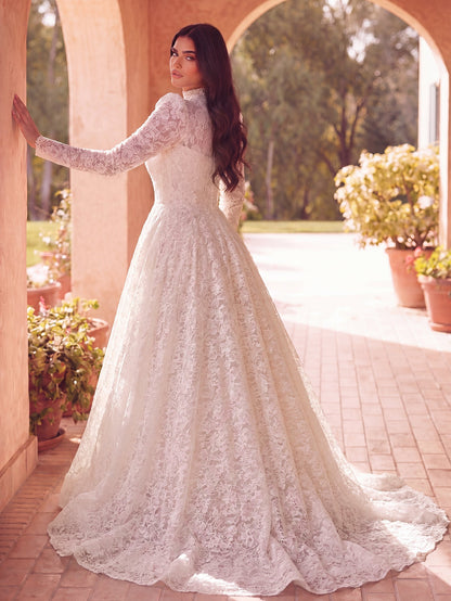 Plus-size white lace wedding dress, full A-line skirt view