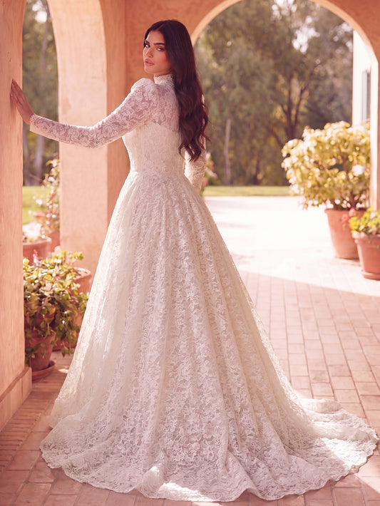Plus-size white lace wedding dress, full A-line skirt view