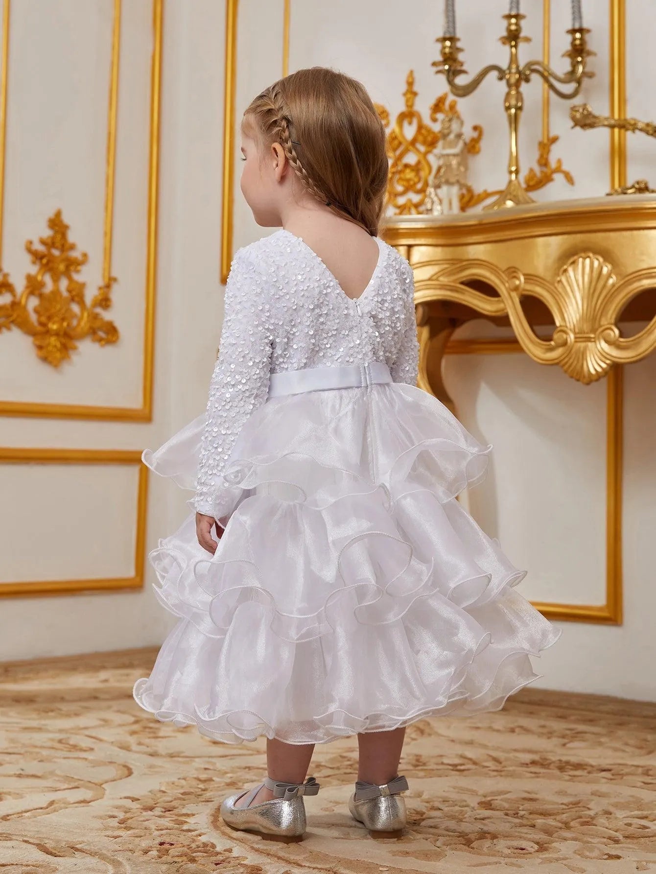 Young Girls' Round Neck Sequin Long-Sleeve A-Line Formal Dress — authorized product image 2