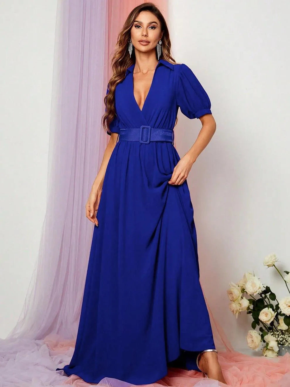 Alternate view of Deep V-Neck Puff-Sleeve Chiffon A-Line Maxi Evening Gown in Royal Blue