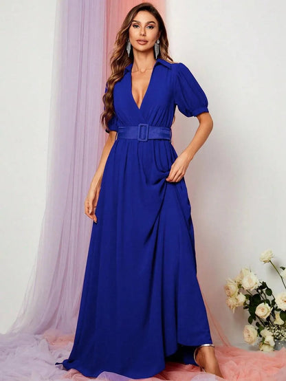 Alternate view of Deep V-Neck Puff-Sleeve Chiffon A-Line Maxi Evening Gown in Royal Blue