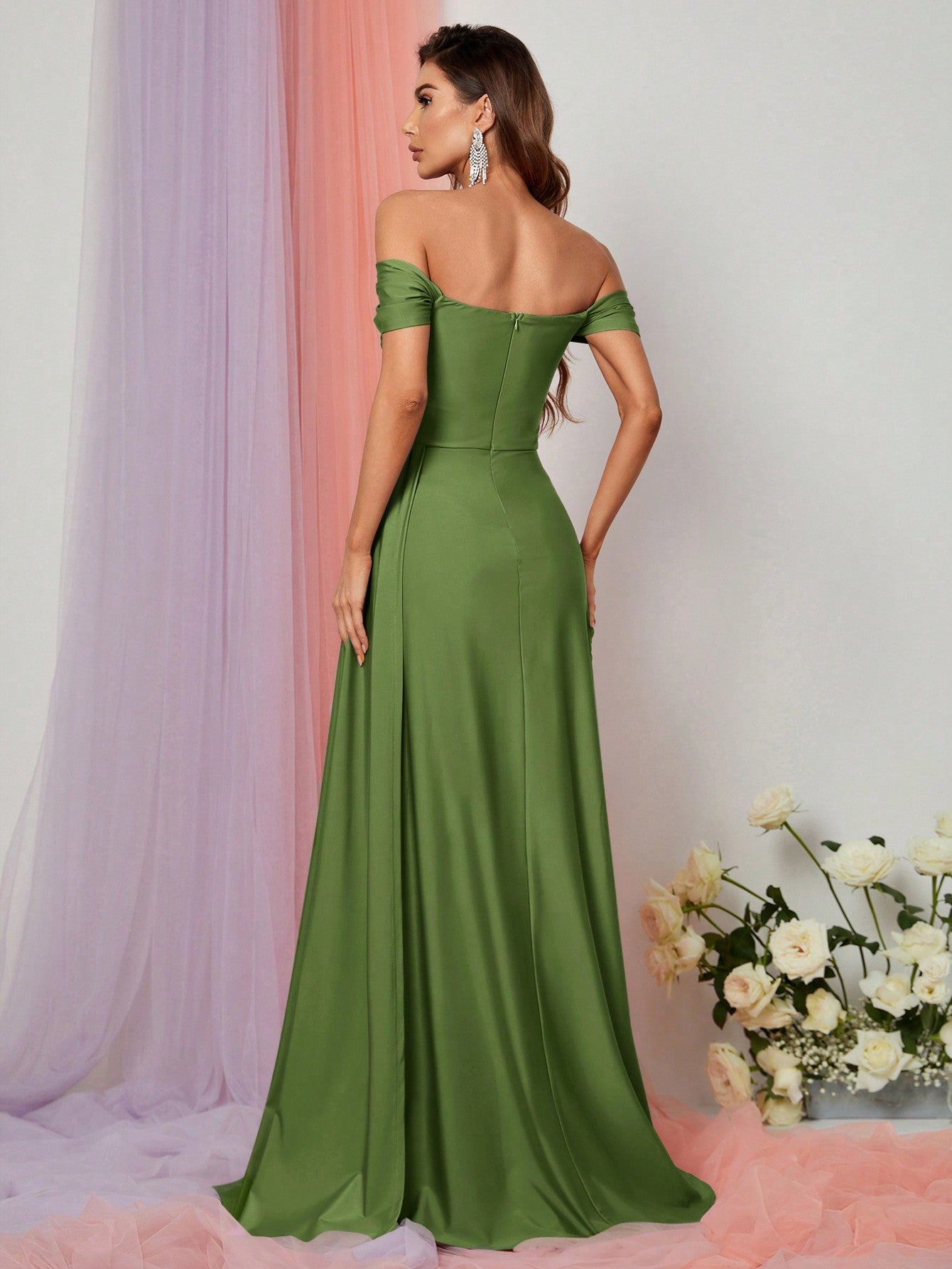 Additional product view of Draped Side High-Slit Off-Shoulder Knit Mermaid Evening Gown