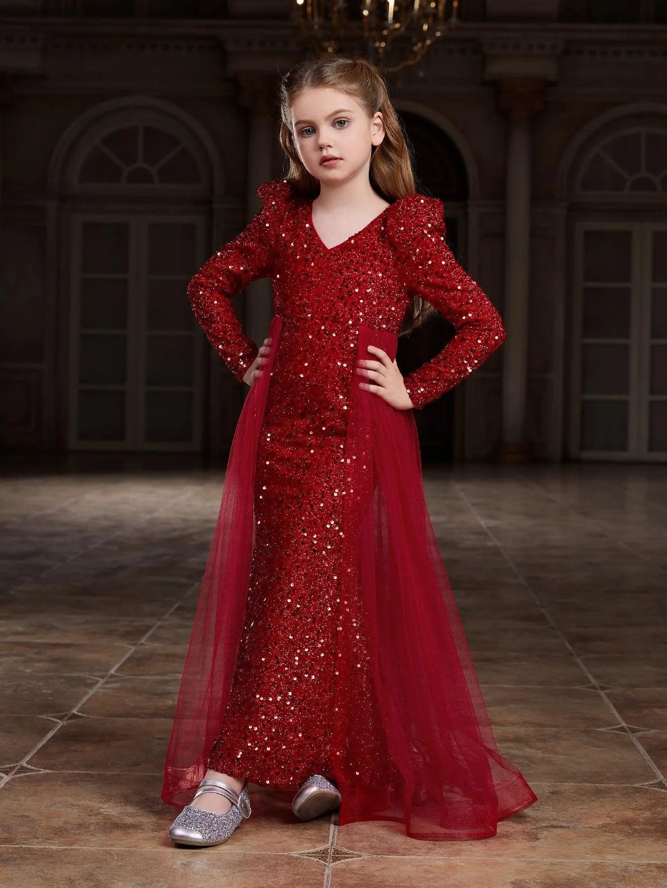 Additional product view of Mesh Overlay V-Neck Sequin Mermaid Long-Sleeve Tween Girls' Party Dress