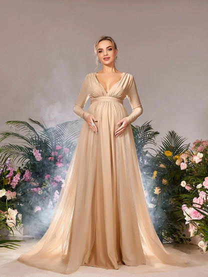 Additional product view of Contrast Mesh Plunging-Neck V-Neck A-Line Long-Sleeve Maternity Evening Dress