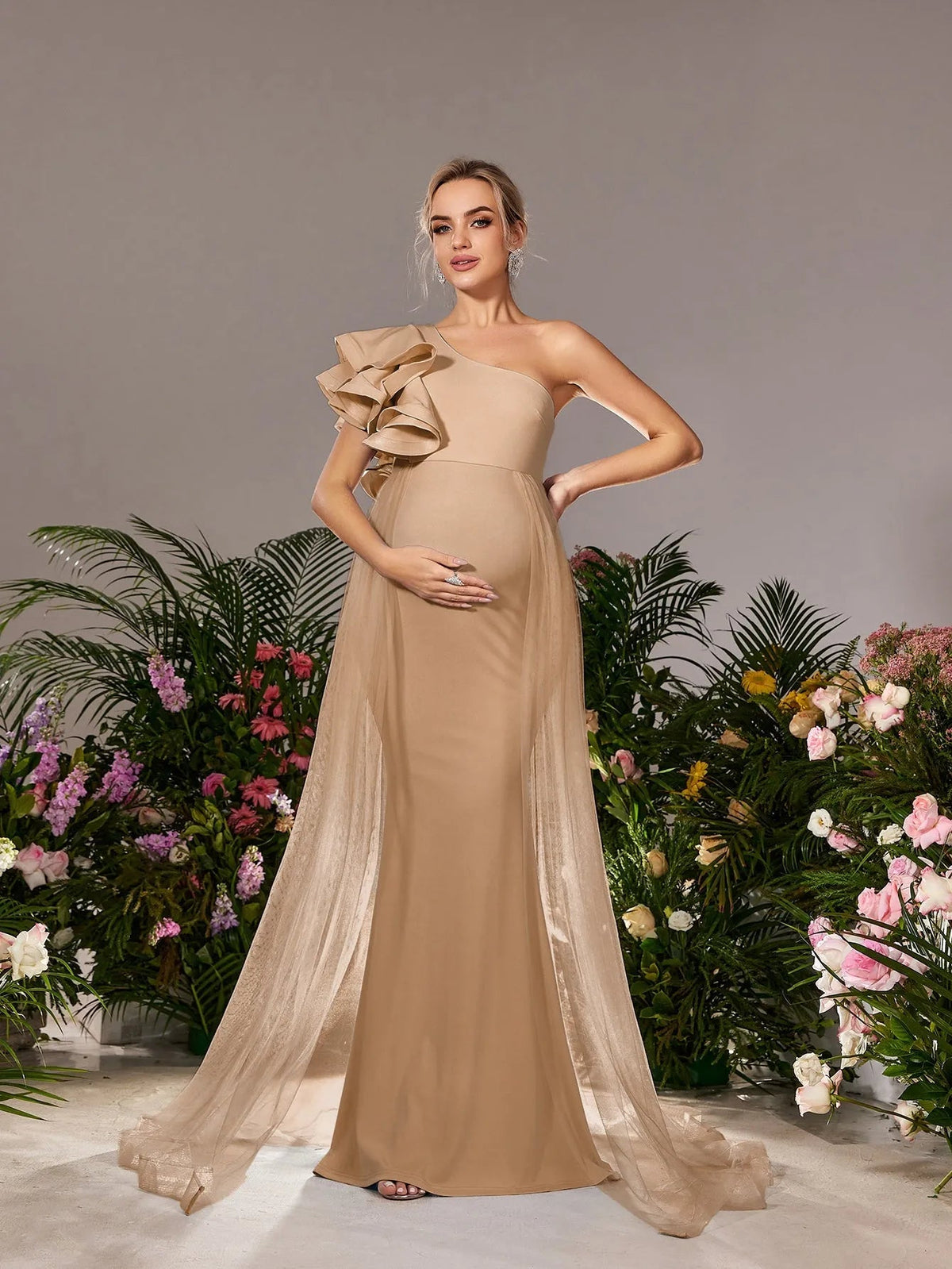 Additional product view of Mesh Overlay Ruffle Trim One-Shoulder Knit Mermaid Maternity Evening Dress