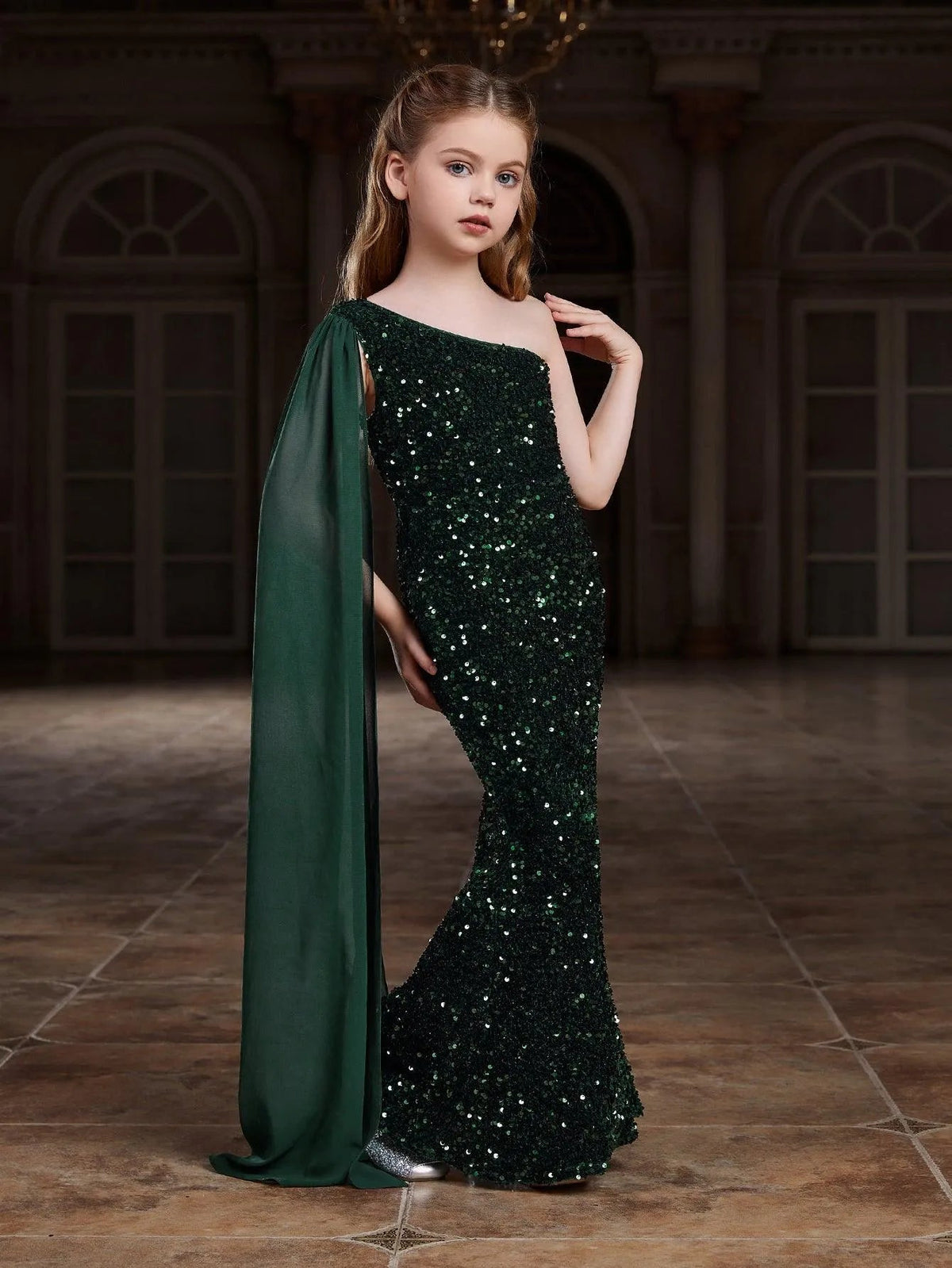 Draped Side One-Shoulder Sequin Mermaid Sleeveless Tween Girls' Party Dress in Dark Green