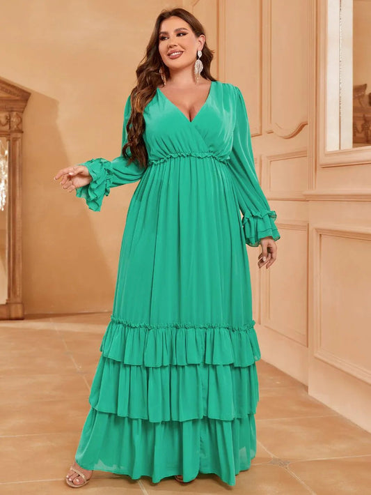 Plus-Size V-Neck Chiffon Lantern-Sleeve A-Line Evening Gown — authorized product image 1